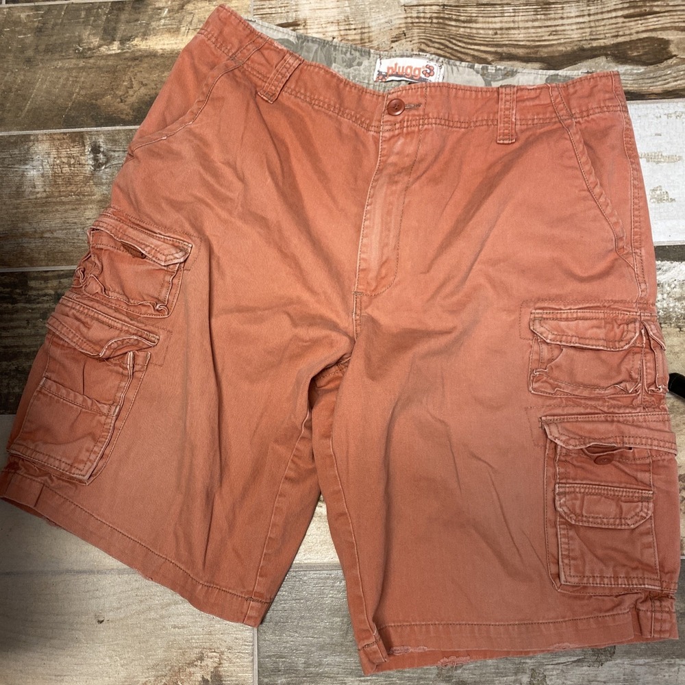 Plugg Y2K Baggy Cargo Shorts Mens 36-38 VTG Orange Paratrooper Gorpcore Utility